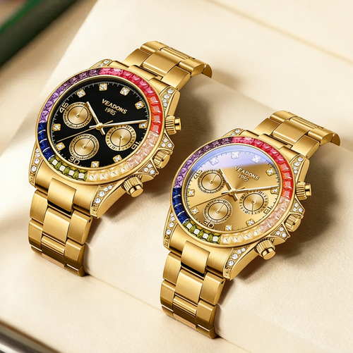 ⌚VEADONS Men's Business Fashion Rhinestone Decorated AnalogQuartz Watch Rainbow Crystal Chronograph Quartz Movement Luminous Date WaterResistant for Party Daily Wear Birthday