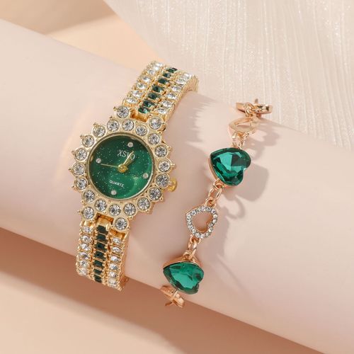 Zaffir Small Green Watch Women's Steel Belt Quartz Watch Ring Gift Set Boxed 5-piece Set. Packing list: Wristwatch, necklace, earring*2, ring, Bracelet.