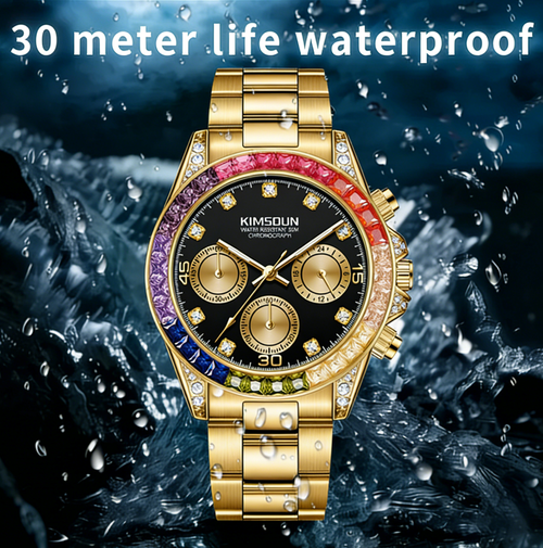 ⌚Shimmering Men's Business Fashion Rhinestone Decorated AnalogQuartz Watch Rainbow Crystal Chronograph Quartz Movement Luminous Date WaterResistant for Party Daily Wear Birthday