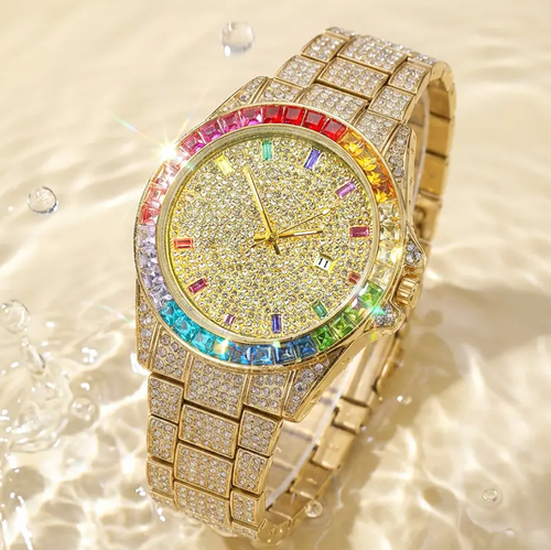 ⌚VEADONS Men's Business Fashion Rhinestone Decorated AnalogQuartz Watch Rainbow Crystal Chronograph Quartz Movement Luminous Date WaterResistant for Party Daily Wear Birthday
