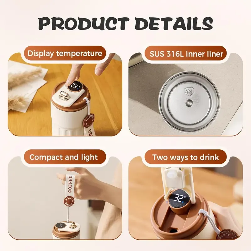 316 Stainless Steel Smart Temperature-Display Cup with LED Screen 450ml Portable Beverage Mug for Daily Drinking Travel. (Designed with a sipping-friendly narrow mouth, not fully sealed for easy drinking.)