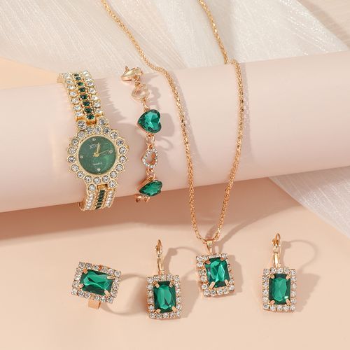 Zaffir Small Green Watch Women's Steel Belt Quartz Watch Ring Gift Set Boxed 5-piece Set. Packing list: Wristwatch, necklace, earring*2, ring, Bracelet.