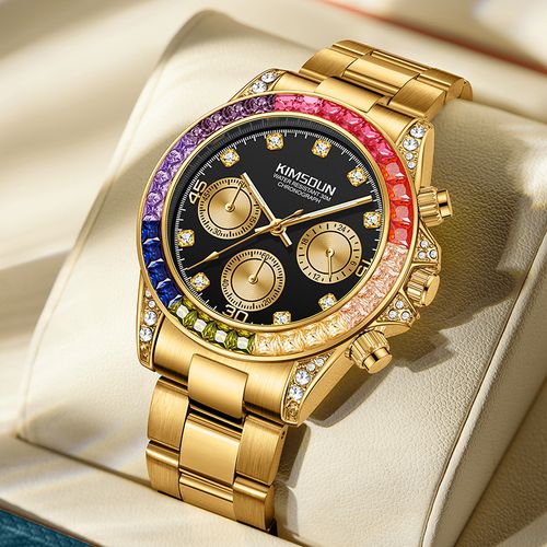 ⌚Shimmering Men's Business Fashion Rhinestone Decorated AnalogQuartz Watch Rainbow Crystal Chronograph Quartz Movement Luminous Date WaterResistant for Party Daily Wear Birthday