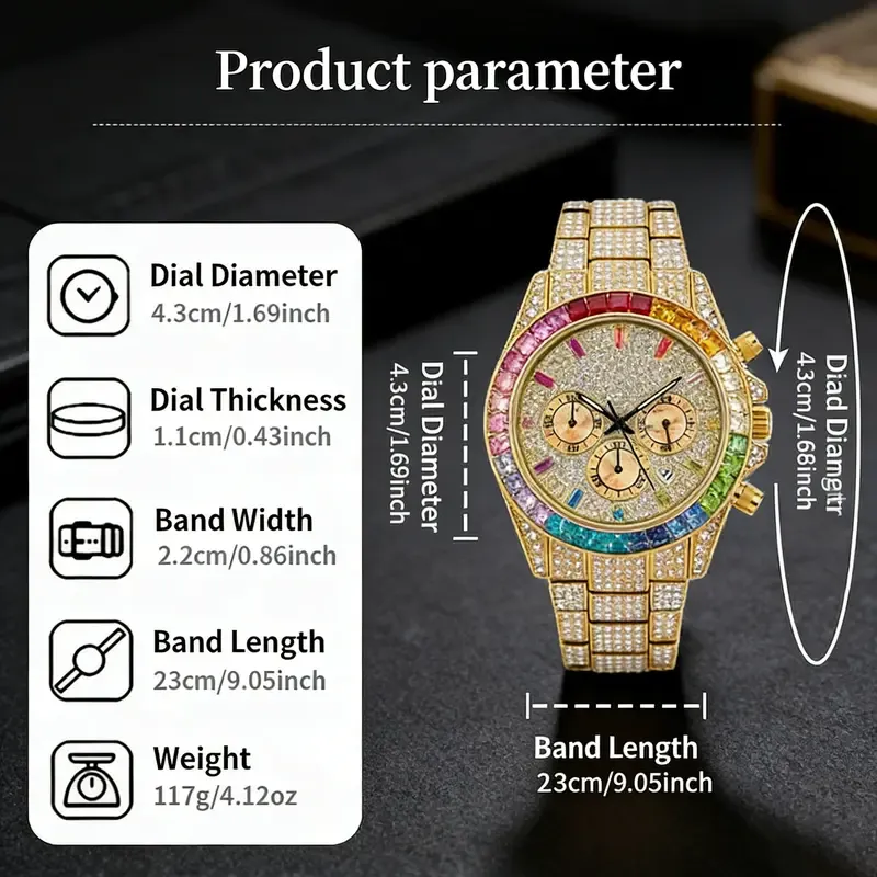 Men's Multifunctional wristwatch Luxury Rhinestone Embellished Quartz Watch Rainbow Crystal Chronograph