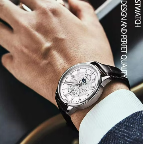 Luxury Men's Quartz Starry Moon Design Leather Band Water Resistant 30m Luminous Watch