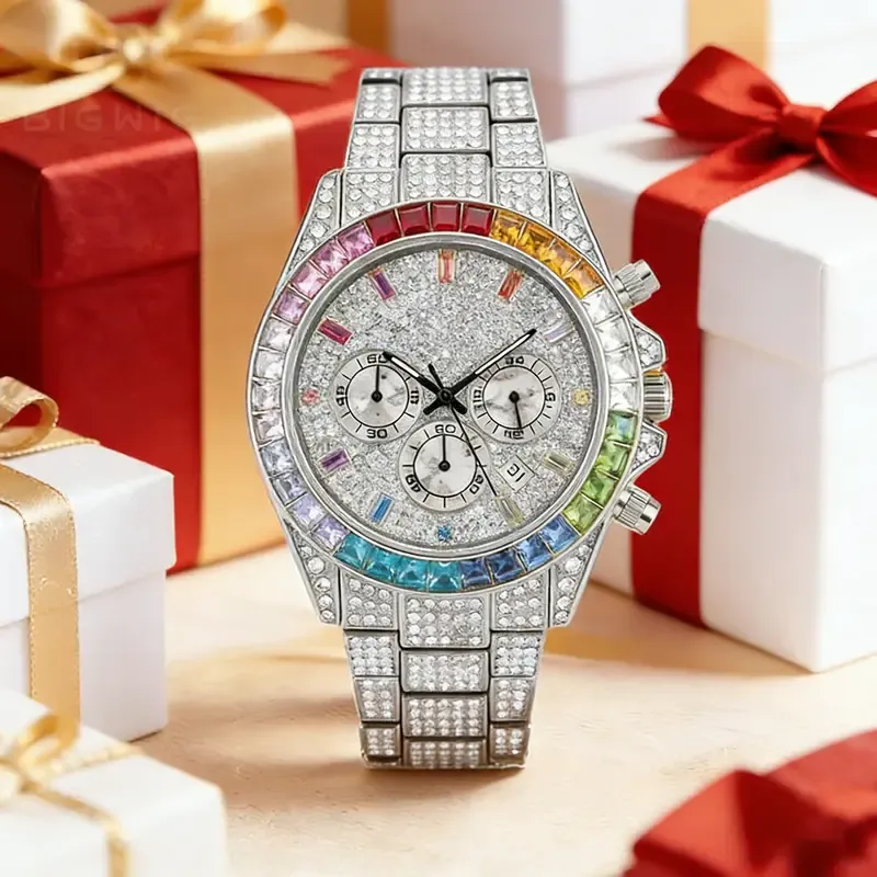 Men's Multifunctional wristwatch Luxury Rhinestone Embellished Quartz Watch Rainbow Crystal Chronograph