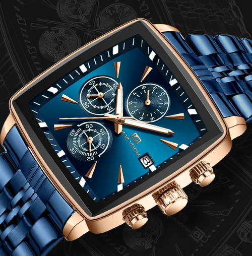 VA VA VOOM Top Brand Square Men Watch Waterproof Luminous Chronograph Calendar Man Watch Stainless Steel Quartz Watch Men Reloj