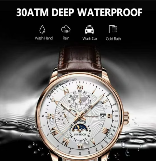 Luxury Men's Quartz Starry Moon Design Leather Band Water Resistant 30m Luminous Watch