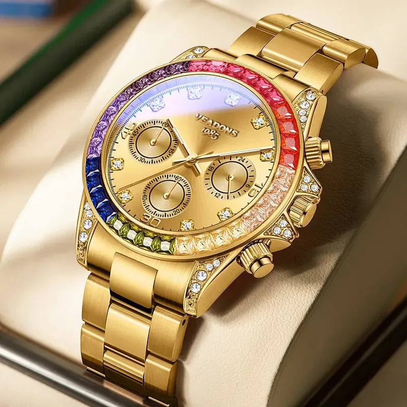 ⌚VEADONS Men's Business Fashion Rhinestone Decorated AnalogQuartz Watch Rainbow Crystal Chronograph Quartz Movement Luminous Date WaterResistant for Party Daily Wear Birthday