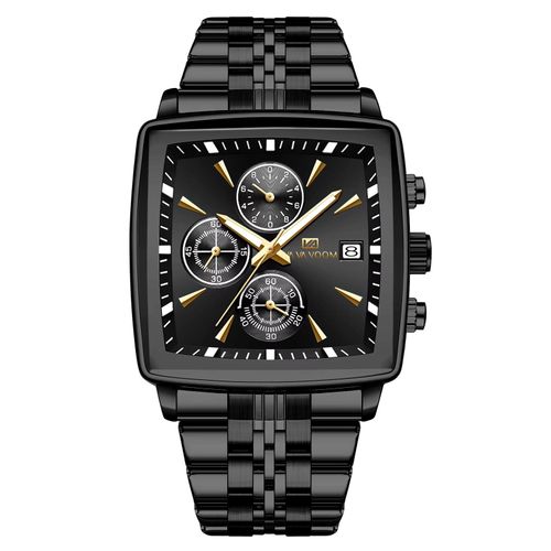 VA VA VOOM Top Brand Square Men Watch Waterproof Luminous Chronograph Calendar Man Watch Stainless Steel Quartz Watch Men Reloj