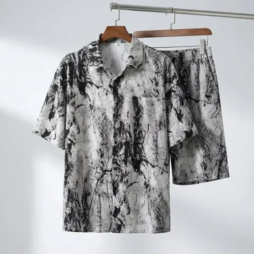 Mens Ice Silk Short Sleeve and Shorts Set Summer Outfit