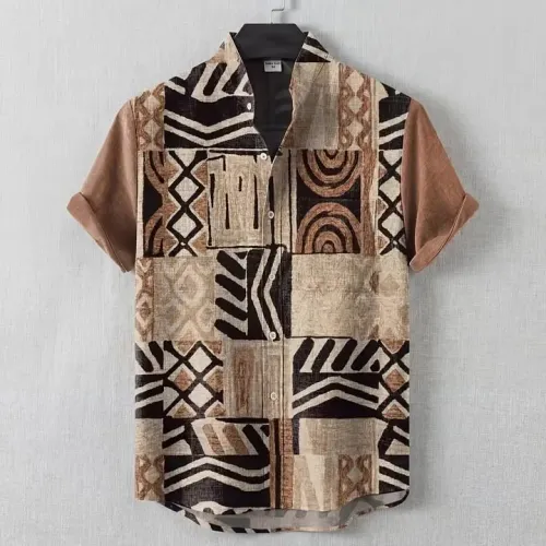Mens Vintage Patchwork Printed Short Sleeve Shirt Casual Su