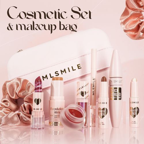 MLSMILE Pink Full Makeup Bag – Complete Eye & Face Cosmetics Set, Perfect for Christmas & Valentine's Day Gifts