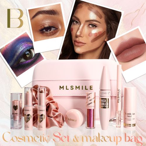 MLSMILE Pink Full Makeup Bag – Complete Eye & Face Cosmetics Set, Perfect for Christmas & Valentine's Day Gifts