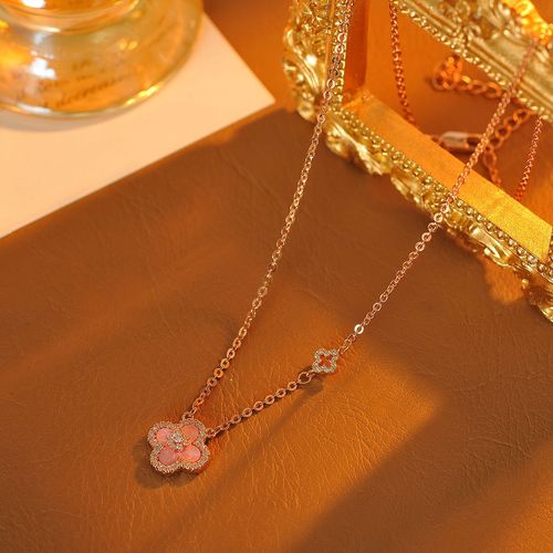 New Lucky Four-Leaf Clover Necklace – Rose Gold with Pink Pink Shell, Elegant, Fresh & Sweet Temperament Necklace