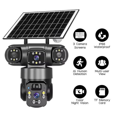 V380 Real Triple-Lens Triple-View 900W Panoramic 4G Home Surveillance Solar Camera