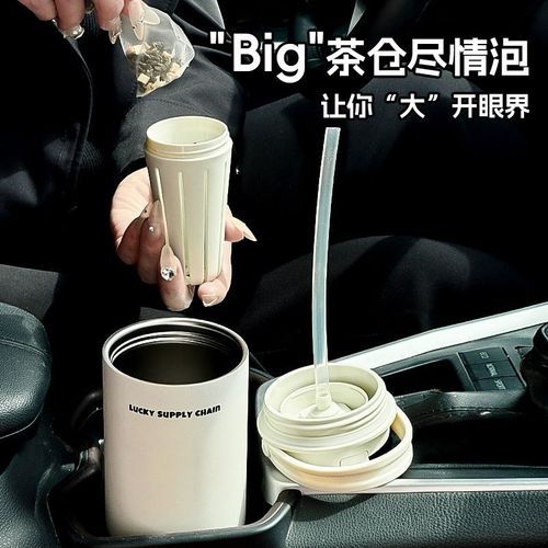 700mL 316 Stainless Steel Tumbler with Leather Charm – Portable, Insulated, Tea Separation Design, Car Cup Holder Friendly for On-the-Go