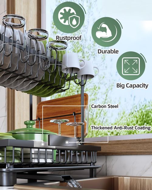 2-Tier Dish Drying Rack, Large Capacity Carbon Steel Dish Rack with Auto Drainage, Kitchen Countertop Dish Organizer for Plates, Bowls, Cutlery, Cutting Board