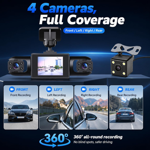 4-Channel 360° Full Surround Dash Cam Front Left Right Rear Car Camera