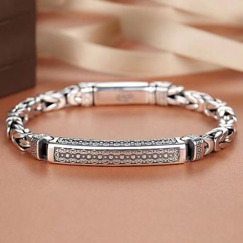 Vintage S925 Thai Silver Bracelet for Men, Safe Continuous Pattern Retro Silver Jewelry