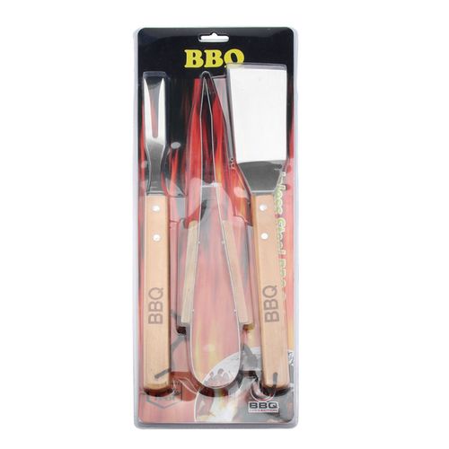 3-Piece Stainless Steel BBQ Tool Set with Wooden Handles — Camping Accessories & Outdoor Grilling Utensils for Kitchen Use
