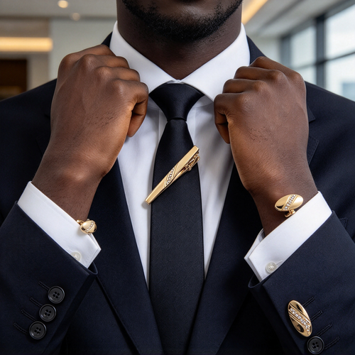 Premium Gold Tie Clip & Cufflinks Set for Men | Crystal Accent | Business Wedding Formal Wear | Perfect Gift for Him