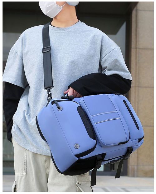 Business-style blue laptop backpack, waterproof material, large capacity design, suitable for all users.