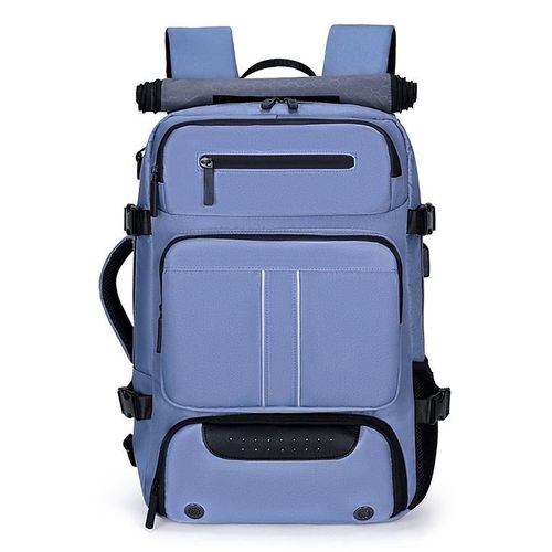 Business-style blue laptop backpack, waterproof material, large capacity design, suitable for all users.