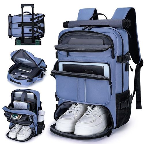 Business-style blue laptop backpack, waterproof material, large capacity design, suitable for all users.
