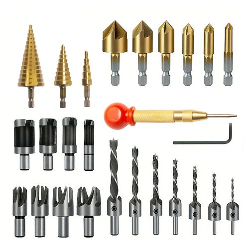 Multi-purpose Wood Drill Set, Plug Drill, Step Drill & Chamfer Tool with Punches and Wrench