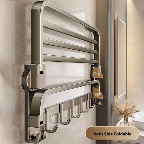 No-Drill Bathroom Storage Shelf — Foldable Wall-Mounted Towel Rack with Hooks and Shower Caddy (Adhesive Installation)