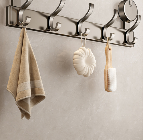 No-Drill Bathroom Storage Shelf — Foldable Wall-Mounted Towel Rack with Hooks and Shower Caddy (Adhesive Installation)