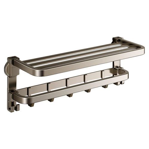 No-Drill Bathroom Storage Shelf — Foldable Wall-Mounted Towel Rack with Hooks and Shower Caddy (Adhesive Installation)