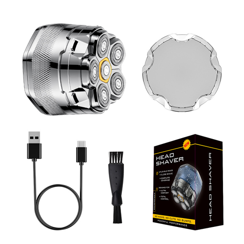 Magnetic suction rotating six-blade head bald head shaver, fully washable, Type-C interface.