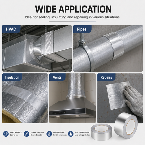Flame-retardant and heat-resistant aluminum foil tape for air conditioning, used for sealing joints, providing moisture barriers, and sealing ducts.