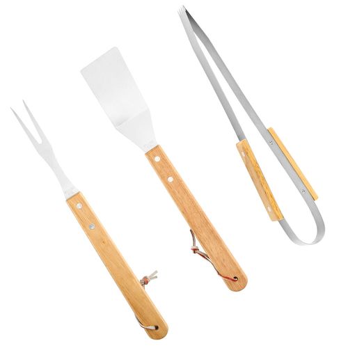 3-Piece Stainless Steel BBQ Tool Set with Wooden Handles — Camping Accessories & Outdoor Grilling Utensils for Kitchen Use