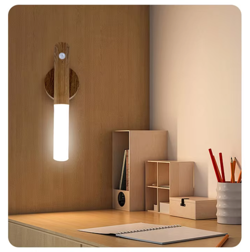 Motion-Sensor Night Light with Faux Wood Grain — Rechargeable Magnetic Wall Lamp for Bedrooms, Hallways, Stairways & Camping