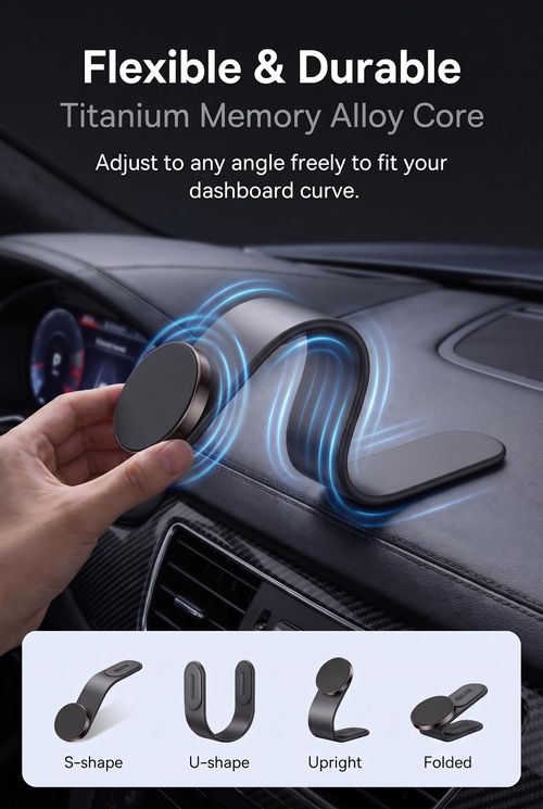 Car Dashboard Phone Holder, Magnetic 360-degree Rotating Mount for Vertical and Horizontal Screen, Strong Adsorption Bendable Navigation Mount,