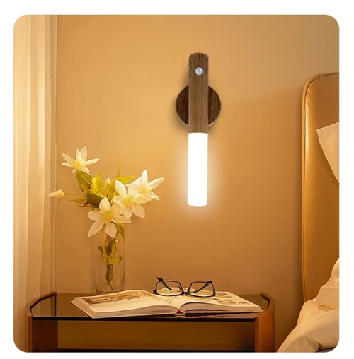 Motion-Sensor Night Light with Faux Wood Grain — Rechargeable Magnetic Wall Lamp for Bedrooms, Hallways, Stairways & Camping