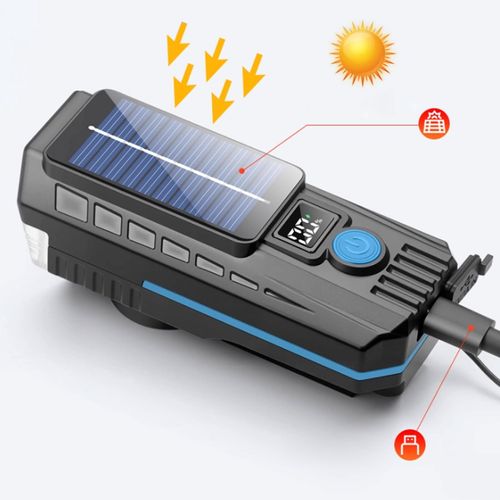 Solar Powered Bicycle Headlight with Electric Horn, Type-C Rechargeable Bike Front Light, Digital Power Display, 4 Lighting Modes for Night Riding