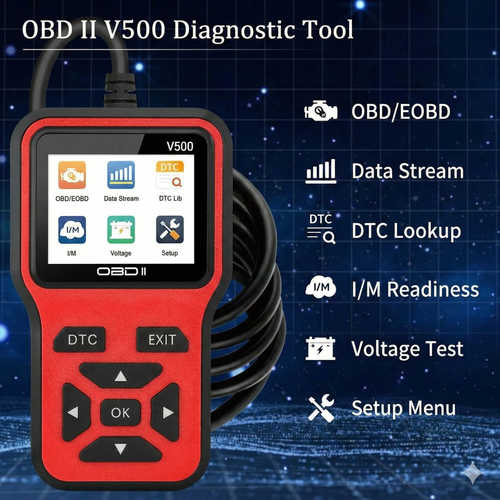 V500 OBD2 Scanner Diagnostic Tool, Professional Code Reader with Live Data Stream, DTC Lookup, I M Readiness, O2 Sensor Test, EVAP System Test, Vehicle Info Display