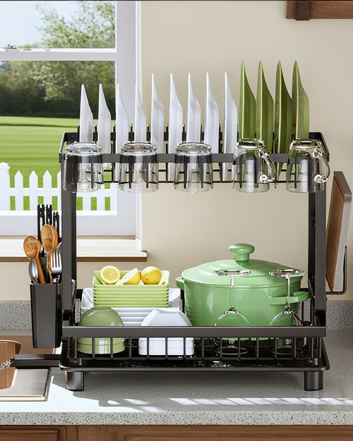 2-Tier Dish Drying Rack, Large Capacity Carbon Steel Dish Rack with Auto Drainage, Kitchen Countertop Dish Organizer for Plates, Bowls, Cutlery, Cutting Board