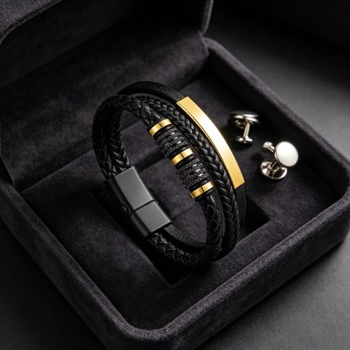 Magnetic Buckle Mens Leather Bracelet, Multi-layer Braided PU Wristband, Trendy Titanium Steel Fashion Accessory