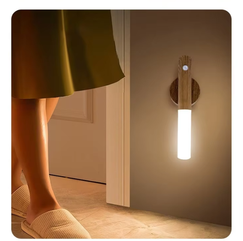Motion-Sensor Night Light with Faux Wood Grain — Rechargeable Magnetic Wall Lamp for Bedrooms, Hallways, Stairways & Camping