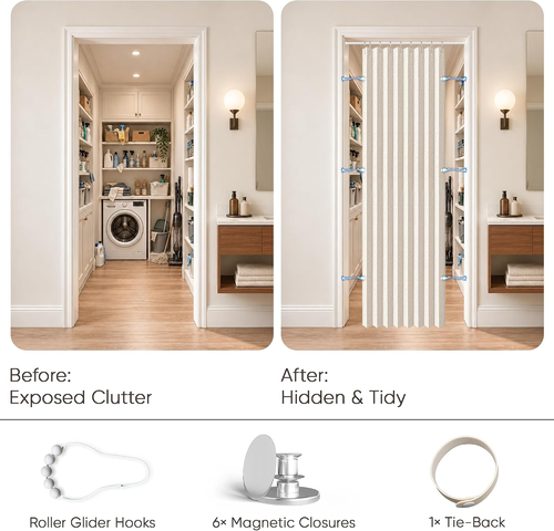 With support rod,Closet Curtain for Open Closet & Doorway, Accordion Door Curtain for Doorway, 1 Panel with Tieback,W47 x H79, Beige