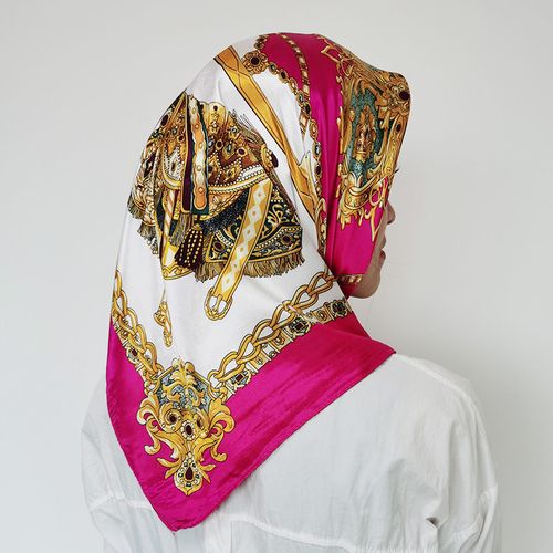 Stylish Square Silk Scarf with Pink Border — Versatile Accessory as Shawl, Headscarf, Neck Scarf or Bag Charm for Women's Parties