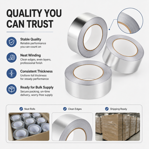Flame-retardant and heat-resistant aluminum foil tape for air conditioning, used for sealing joints, providing moisture barriers, and sealing ducts.