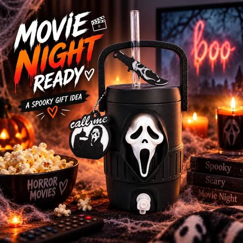 Ghostface Scream Halloween Drink Dispenser, Spooky Horror Movie Night Water Jug with Tap & Handle