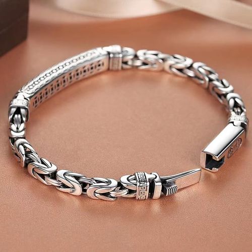 Vintage S925 Thai Silver Bracelet for Men, Safe Continuous Pattern Retro Silver Jewelry