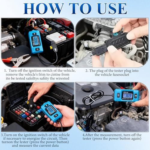 Automotive Circuit Fault Probe Tester, 20A 48V Parasitic Draw Tester for Car Fuse Circuits, Inline Current Monitor with Overcurrent Detection, Mini & Standard Blade Fuse Compatible